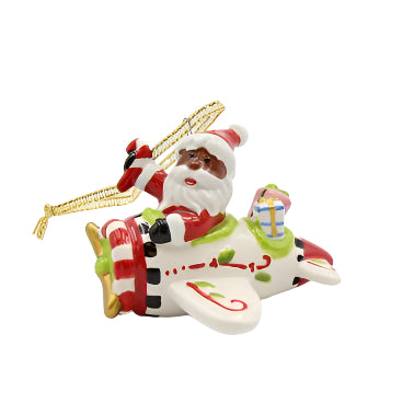 African American Santa Flying Airplane Ornament